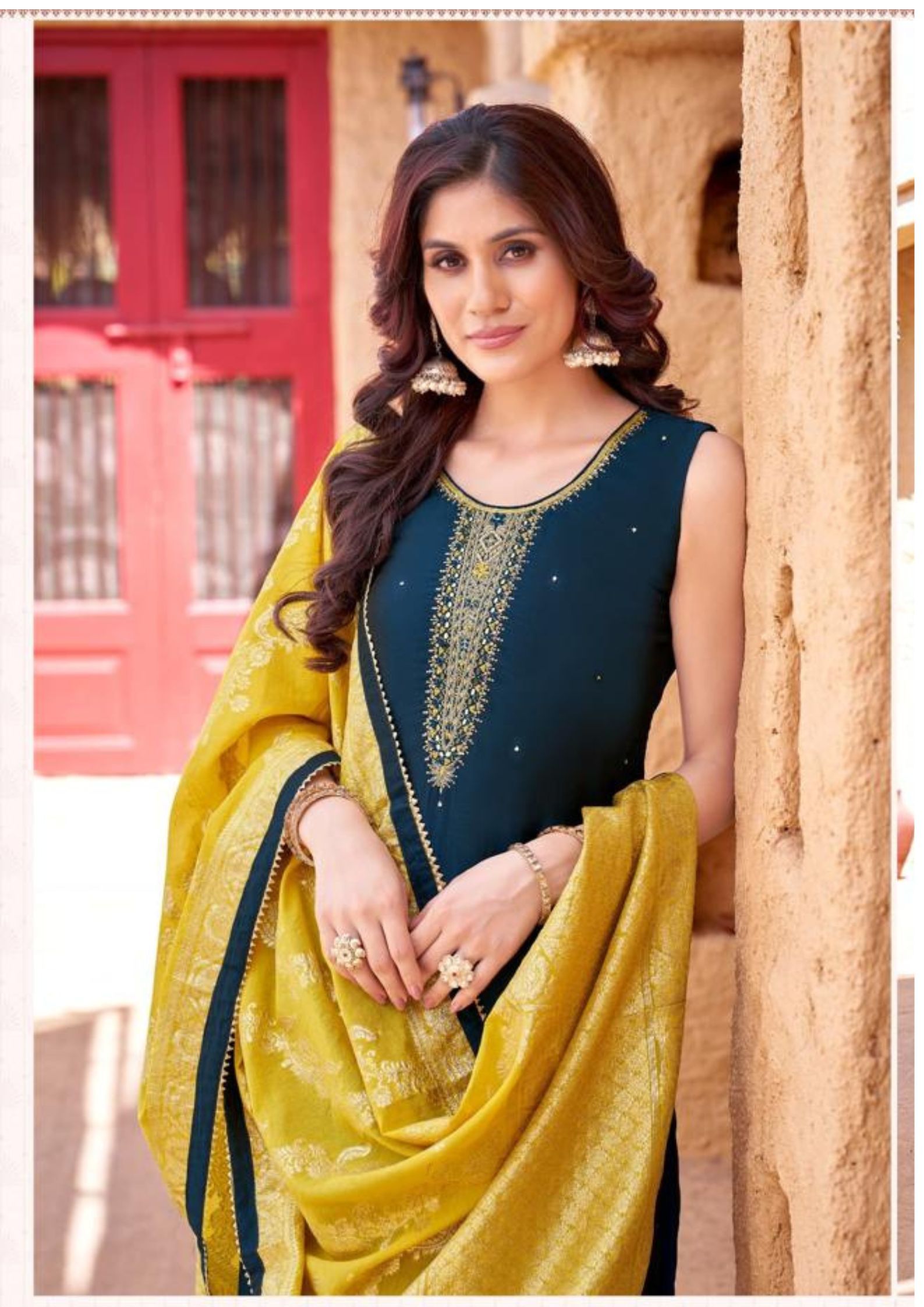 Shree Shanti Selection - Dark Blue and Mustard Straight Cut Suit